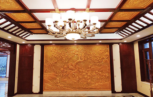 信宜中式别墅客厅中式木作横梁吊顶装饰展示